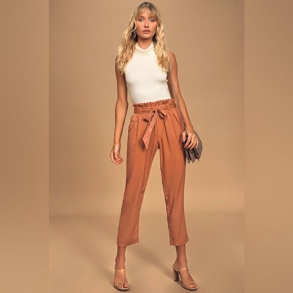 Lulu’s Charm and Finesse Terra Cotta Satin Paper Bag Waist Pants XS - Picture 1 of 16